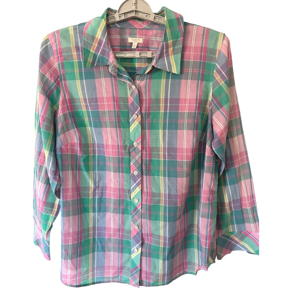 Talbots Button Down Shirt Women 1X Multicolor Plaid Long Sleeve Cotton Blouse